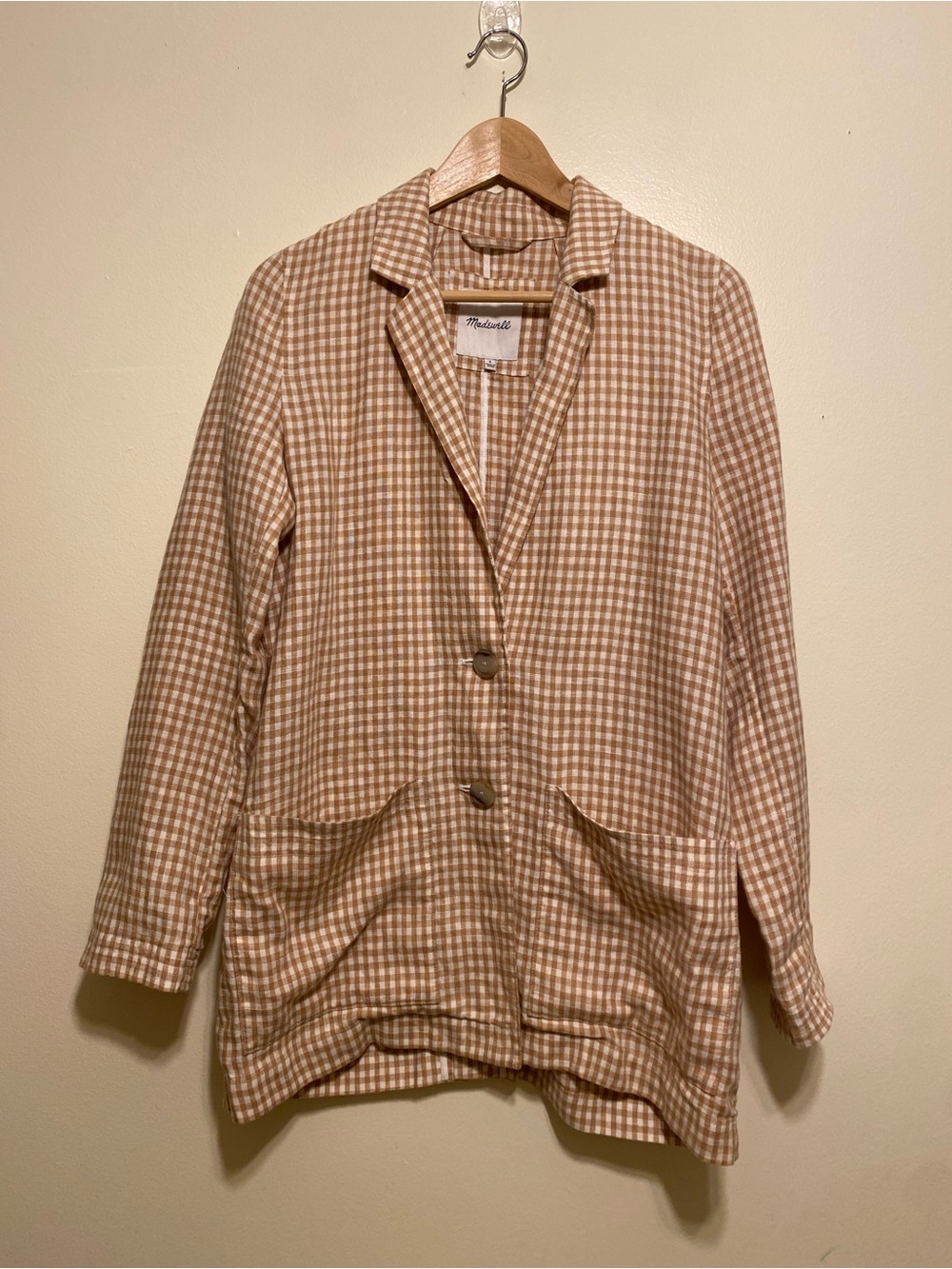 Madewell 100% Linen Tan & Cream Gingham Blazer. Size S. Style AL895